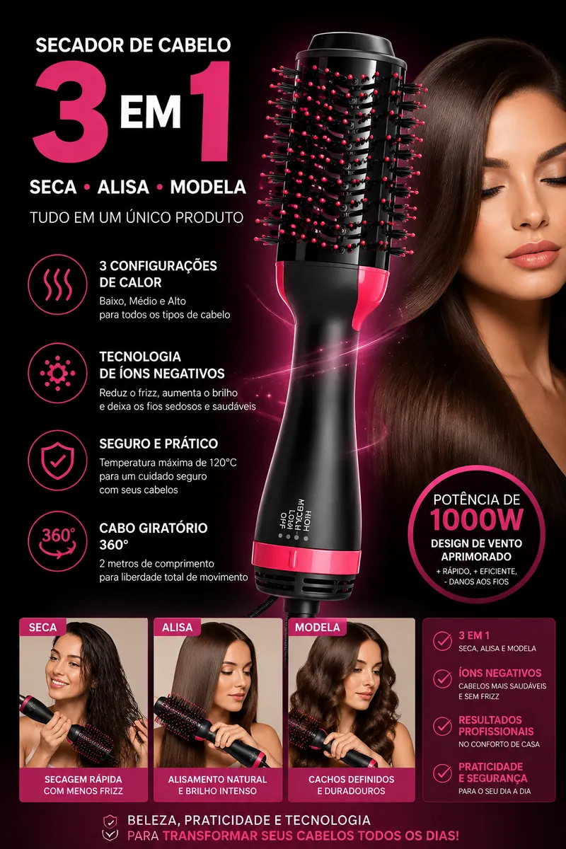 Escova Secadora 3 em 1 em guia da Auravendas com funções de secar modelar e alisar