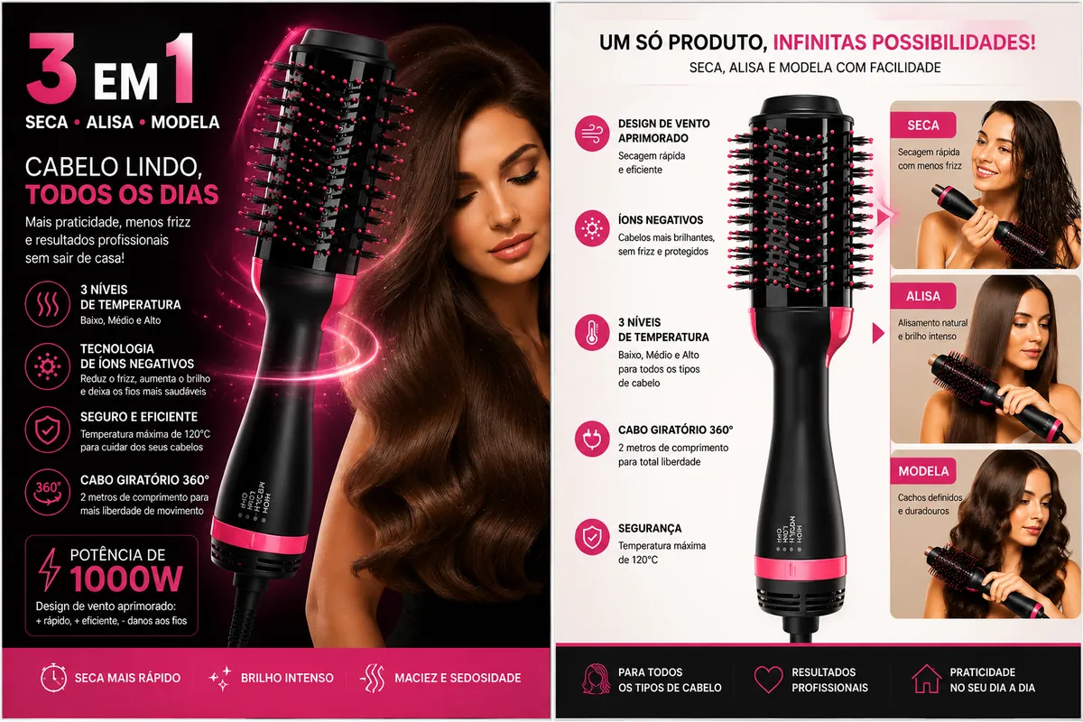 Escova Secadora 3 em 1 em guia da Auravendas com funções de secar modelar e alisar - 3